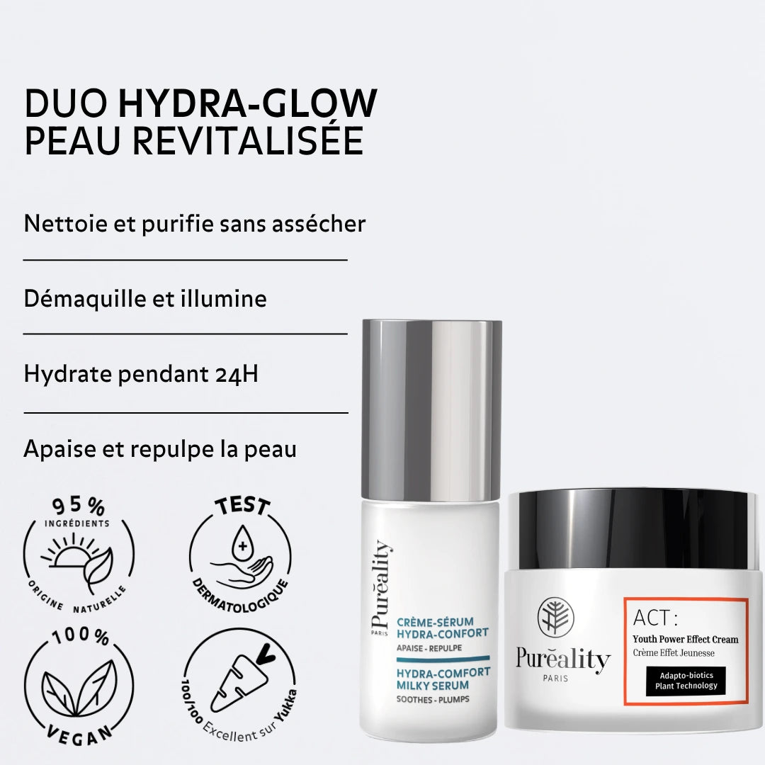 Hydra Glow skincare duo with hydrating milky serum and renewing radiance cream delivering 24 hour hydration brighter skin plumping effect and soothing anti aging benefits