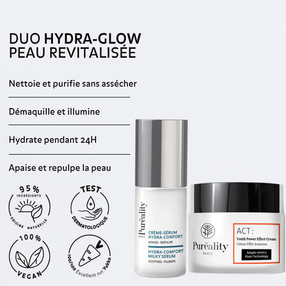 Hydra Glow skincare duo with hydrating milky serum and renewing radiance cream delivering 24 hour hydration brighter skin plumping effect and soothing anti aging benefits