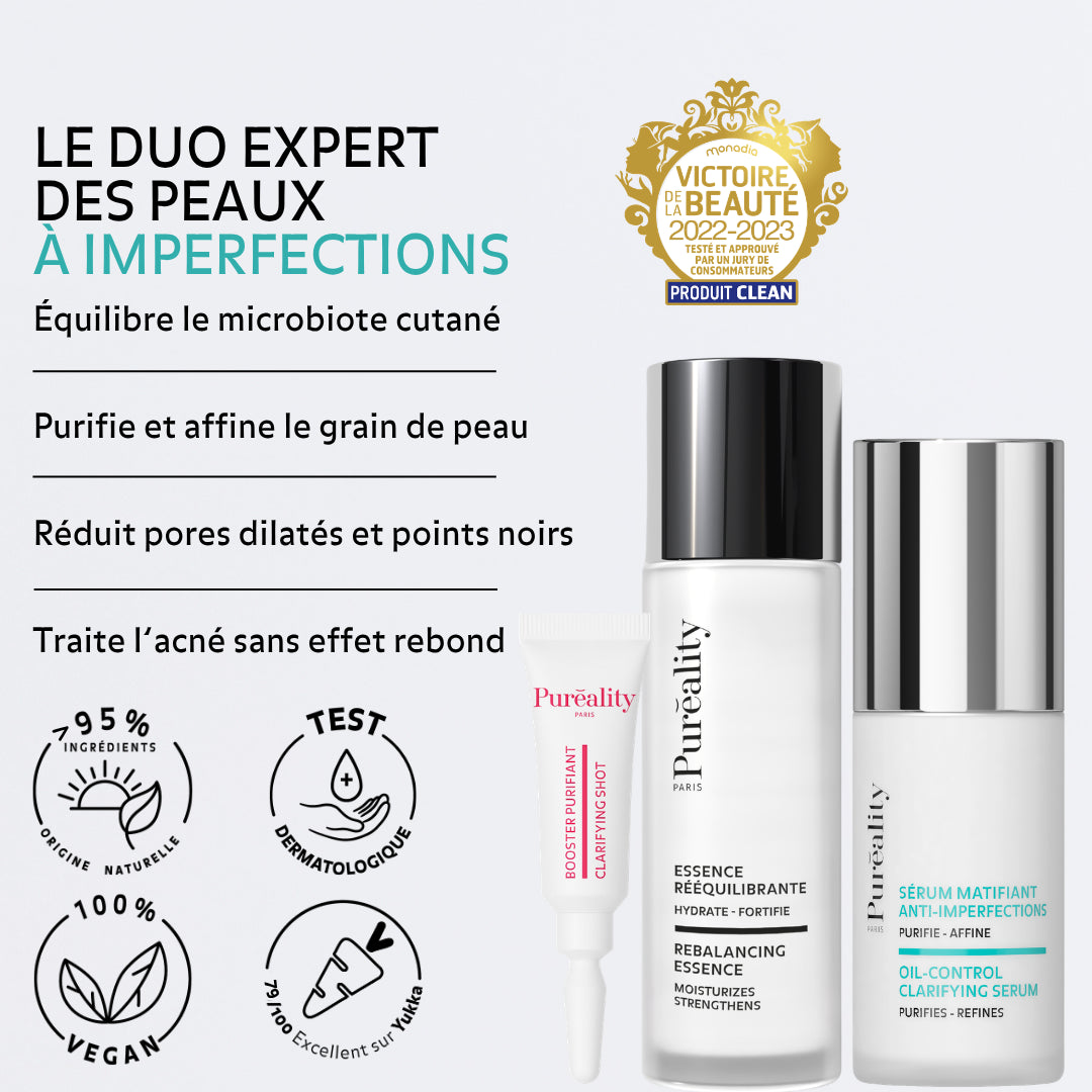 Le Duo Expert des peaux à imperfections : équilibre le microbiote cutané, purifie et affine le grain de peau, réduire pores dilatés et points noirs, traite l&