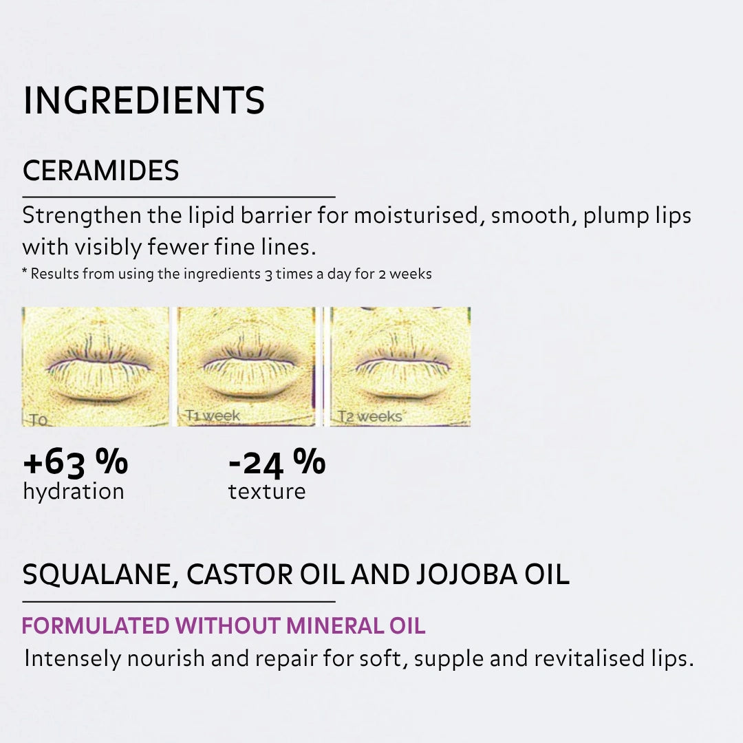 Ceramides, squalane, castor oil and jojoba oil in Pureality Smoothing Plumping Lip Treatment help moisturise, smooth, nourish and repair the lips.
