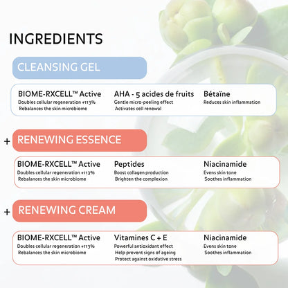 Skincare ingredients with BIOME RXCELL AHA fruit acids peptides niacinamide and vitamins C and E to exfoliate boost collagen improve radiance hydrate deeply and strengthen skin barrier