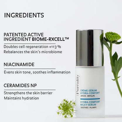 Promotional image of a Pureality Paris hydra-comfort milky serum bottle with flowers. Text highlights ingredients: patented BIOME-RXCELL™ (boosts cell regeneration and rebalances the skin’s microbiome), niacinamide (evens skin tone and soothes inflammation), and ceramides NP (strengthen the skin barrier and maintain hydration).