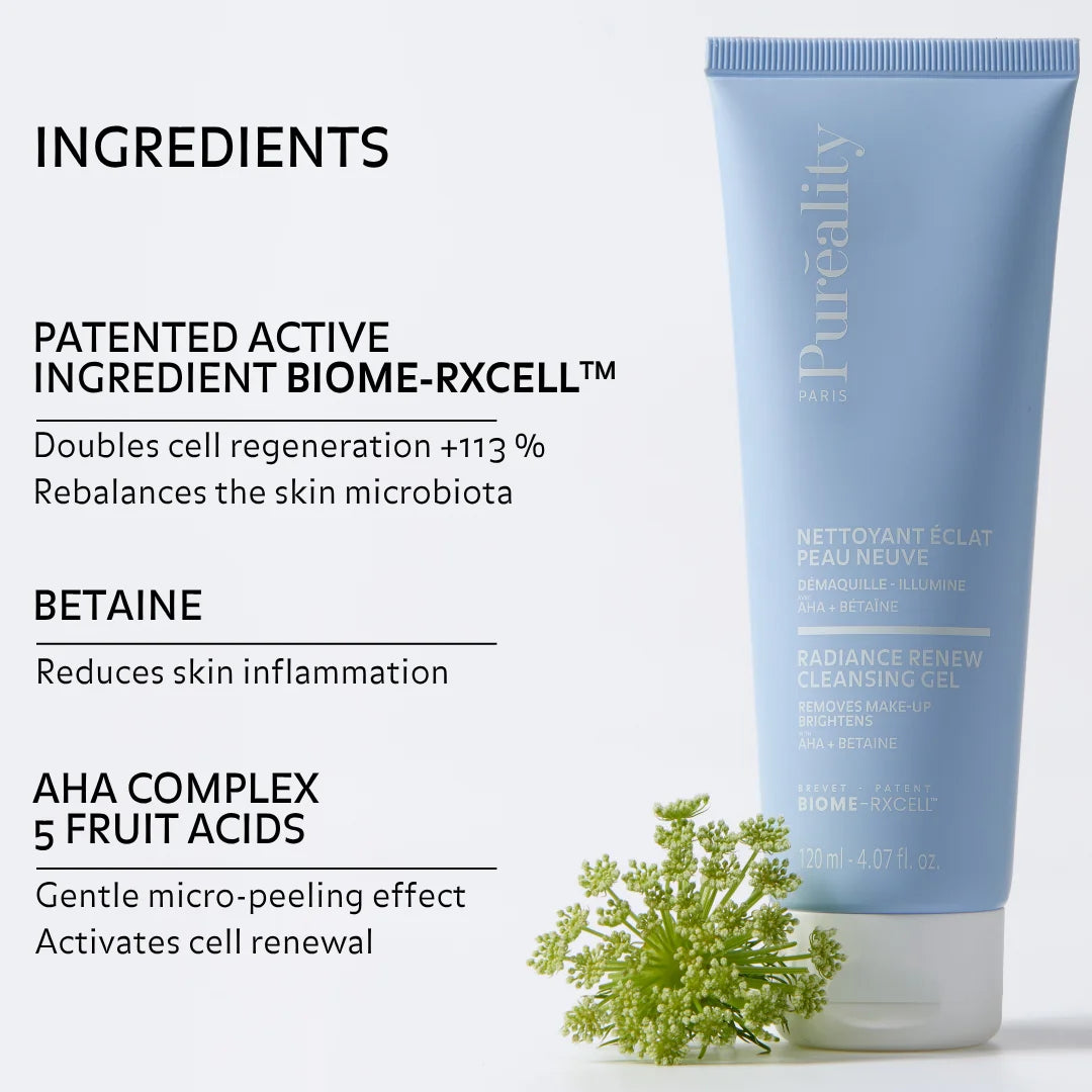 Promotional image of a blue tube of radiance cleansing gel with a plant beside it. Text highlights ingredients: patented BIOME-RXCELL™ (boosts cell regeneration and rebalances skin microbiota), betaine (reduces skin inflammation), and AHA fruit acid complex (gentle micro-peeling effect that activates cell renewal).