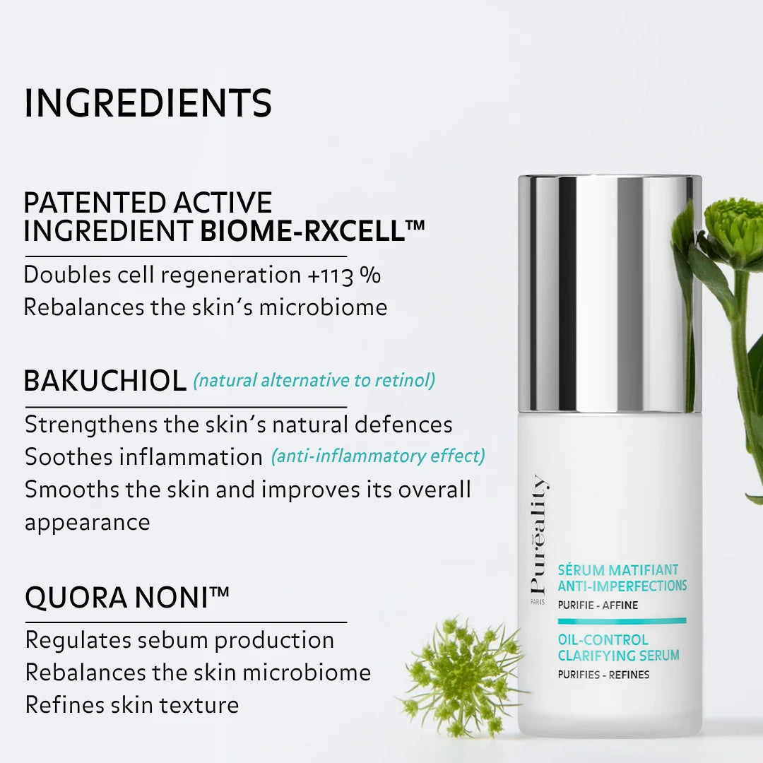 Promotional image of a Pureality Paris oil-control clarifying serum bottle with flowers. Text highlights ingredients: patented BIOME-RXCELL™ (boosts cell regeneration and rebalances the skin’s microbiome), bakuchiol (natural alternative to retinol that strengthens skin defenses, soothes inflammation, and smooths skin), and Quora Noni™ (regulates sebum, rebalances the microbiome, and refines skin texture).