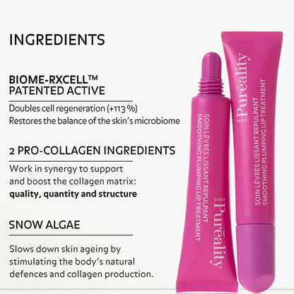 Pureality Smoothing Plumping Lip Treatment with patented Biome-RxCell, two pro-collagen ingredients and snow algae to support cell regeneration and collagen.