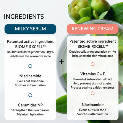 Skincare ingredients with patented BIOME RXCELL niacinamide ceramides and vitamins C and E to boost skin regeneration strengthen barrier hydrate deeply and improve skin radiance