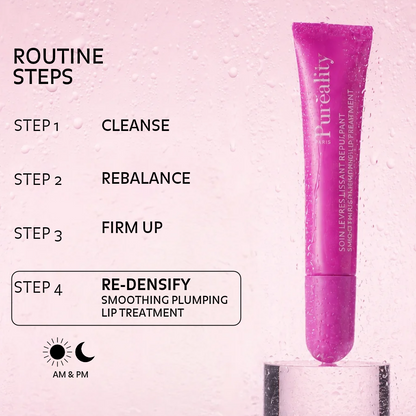 Pureality Smoothing Plumping Lip Treatment as step four of the skincare routine after cleansing, rebalancing and firming, for morning and evening use.
