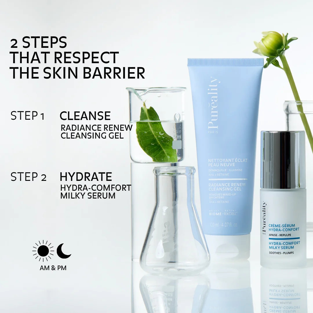 Puréality skincare routine: cleanse with radiance renew cleansing gel then hydrate with hydra-comfort milky serum morning and evening