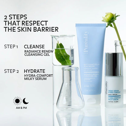Puréality skincare routine: cleanse with radiance renew cleansing gel then hydrate with hydra-comfort milky serum morning and evening