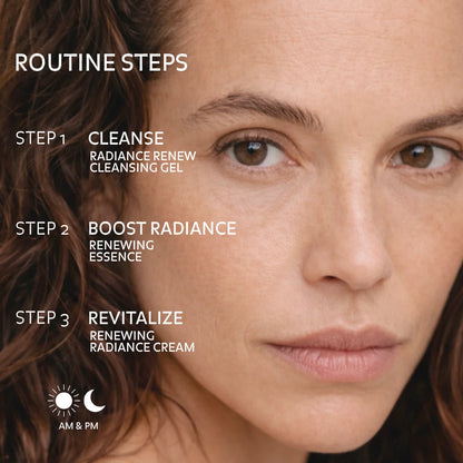 Step by step skincare routine morning and evening using cleansing gel renewing essence and radiance cream to cleanse boost glow hydrate smooth and revitalize skin for radiant complexion