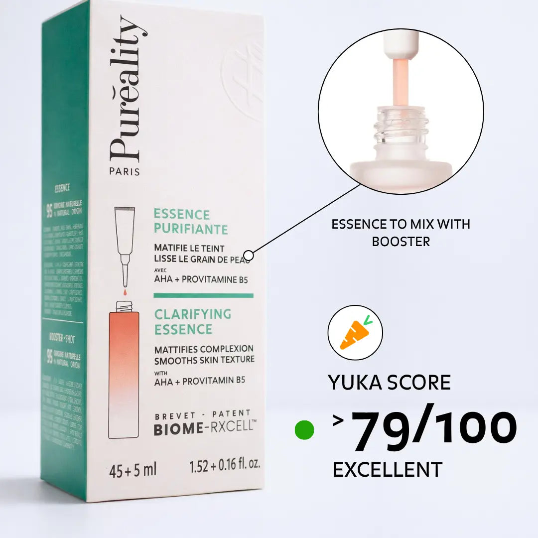 Puréality clarifying essence with booster to mix, AHA and provitamin B5 formula, Yuka score 79 out of 100 rated excellent