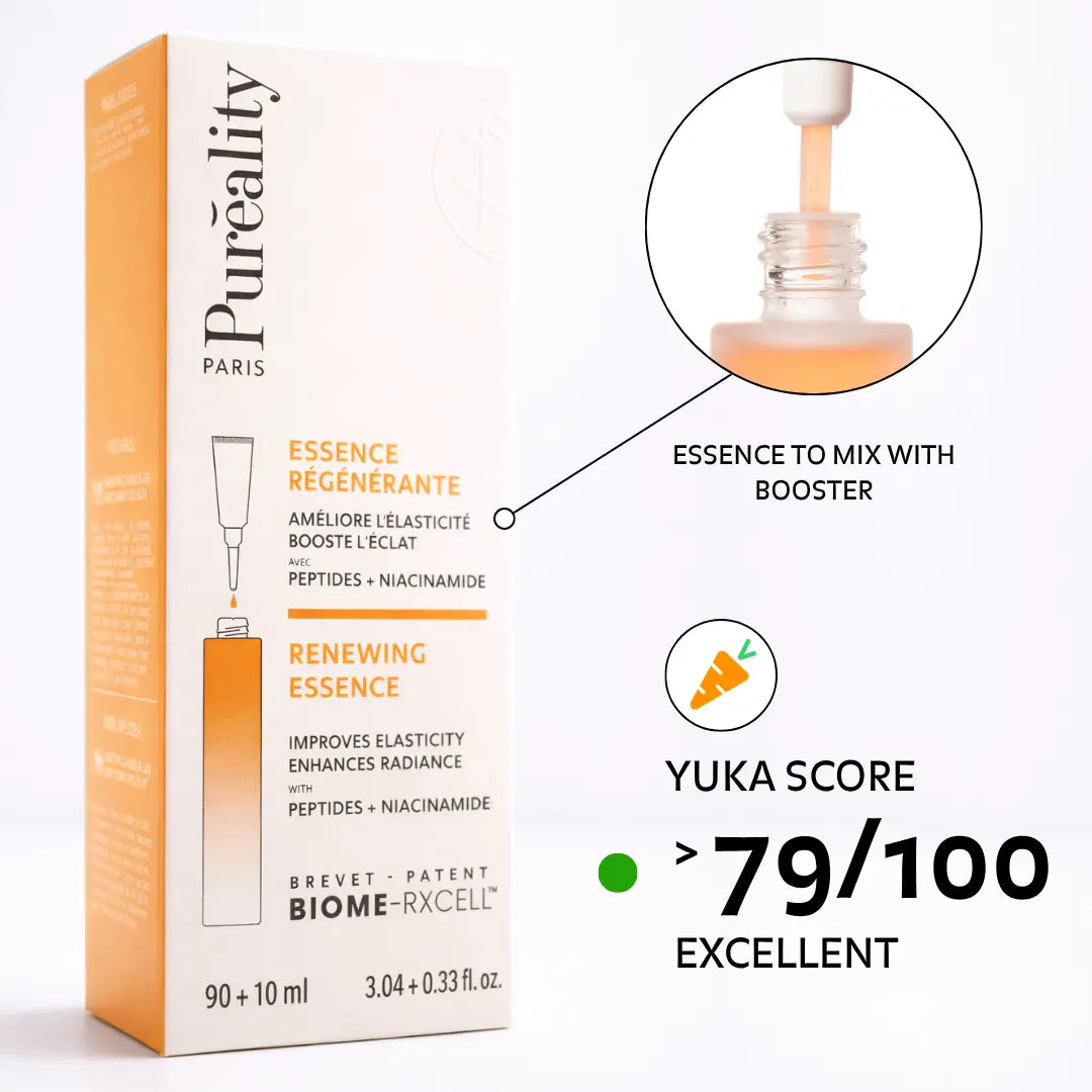 Puréality renewing essence with excellent Yuka score above 79 out of 100, clean and effective skincare formula