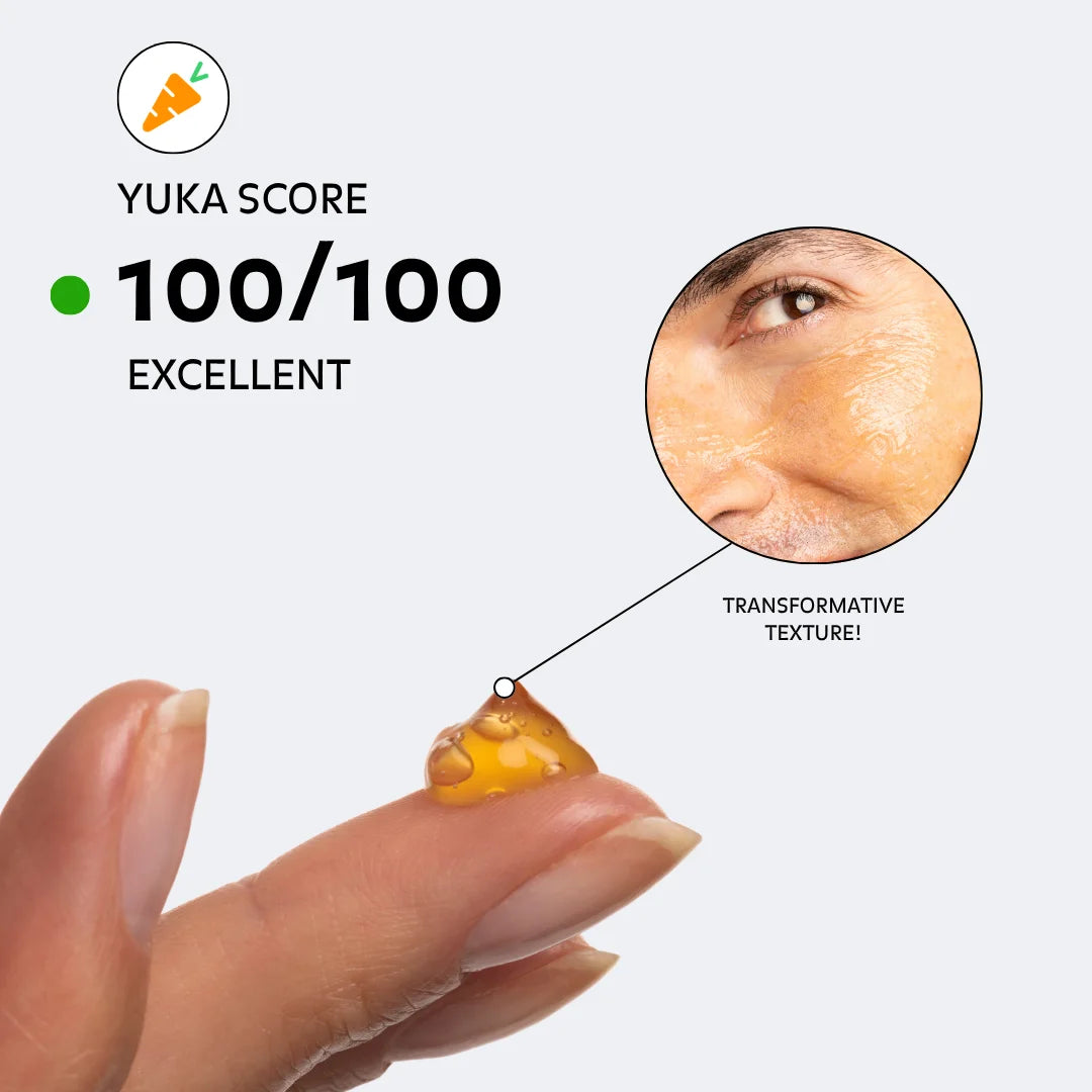 Puréality skincare with Yuka score 100 out of 100 and gel texture shown on fingertip with transformative texture