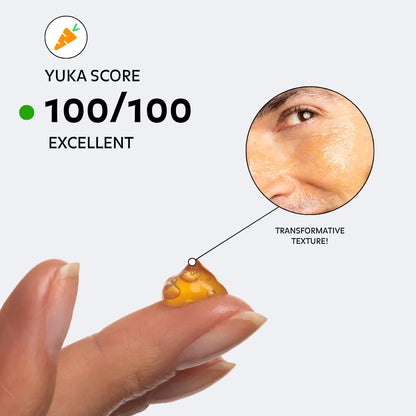 Puréality skincare with Yuka score 100 out of 100 and gel texture shown on fingertip with transformative texture
