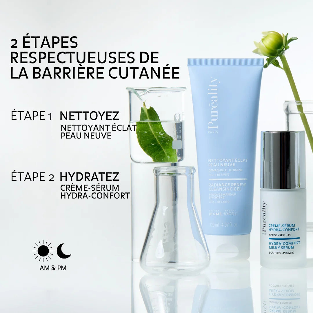 Routine visage Puréality en 2 étapes : nettoyer avec le gel nettoyant éclat puis hydrater avec la crème-sérum hydra-confort matin et soir
