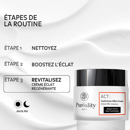Image promotionnelle présentant une routine de soin visage en trois étapes : « Étape 1 : nettoyez », « Étape 2 : boostez l’éclat », « Étape 3 : revitalisez – crème éclat régénérante ». Icône indiquant une utilisation matin et soir (AM &amp; PM). À droite, visuel du pot « Puréality -Crème Eclat Régénérante ».