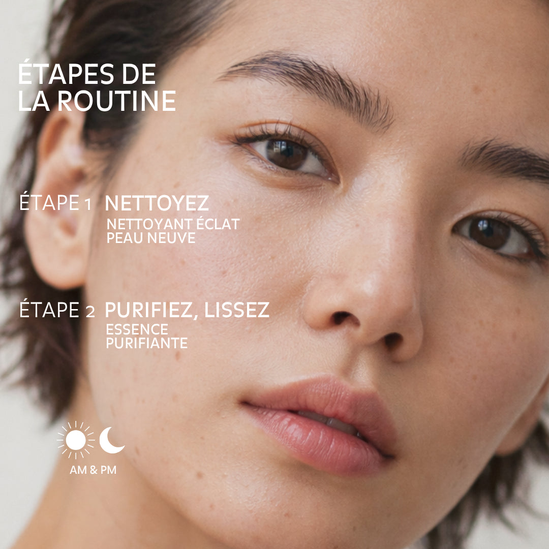 Routine visage Puréality en 2 étapes : nettoyer avec le gel nettoyant éclat puis appliquer l’essence purifiante matin et soir