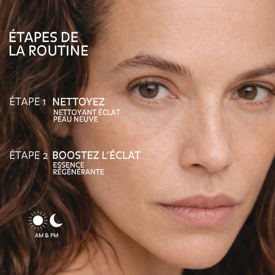 Routine skincare Puréality Paris en 2 étapes avec nettoyant éclat peau neuve et essence régénérante à utiliser matin et soir pour une peau lumineuse