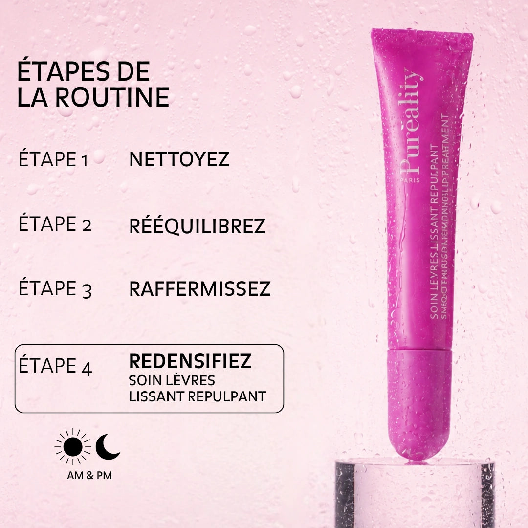 Soin Lèvres Lissant Repulpant Pureality, quatrième étape de la routine après nettoyer, rééquilibrer et raffermir, à utiliser matin et soir.