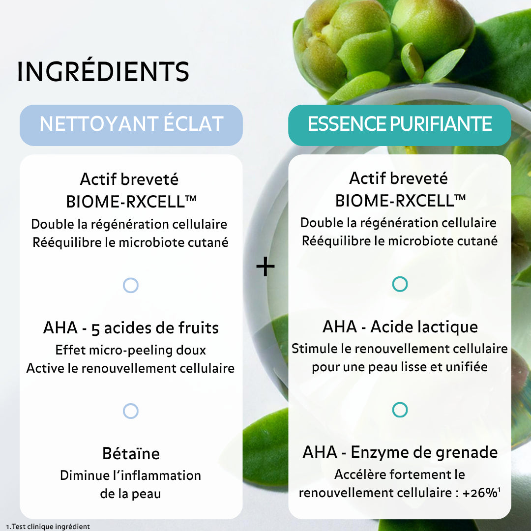 Ingrédients soins Puréality : BIOME-RXCELL, AHA, bétaïne et enzymes de grenade pour exfoliation douce et renouvellement cellulaire