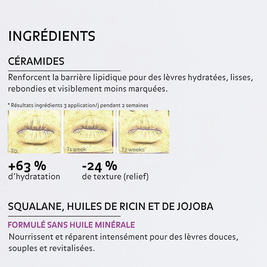 Céramides, squalane, huiles de ricin et de jojoba du Soin Lèvres Pureality pour hydrater, lisser, nourrir et réparer les lèvres.