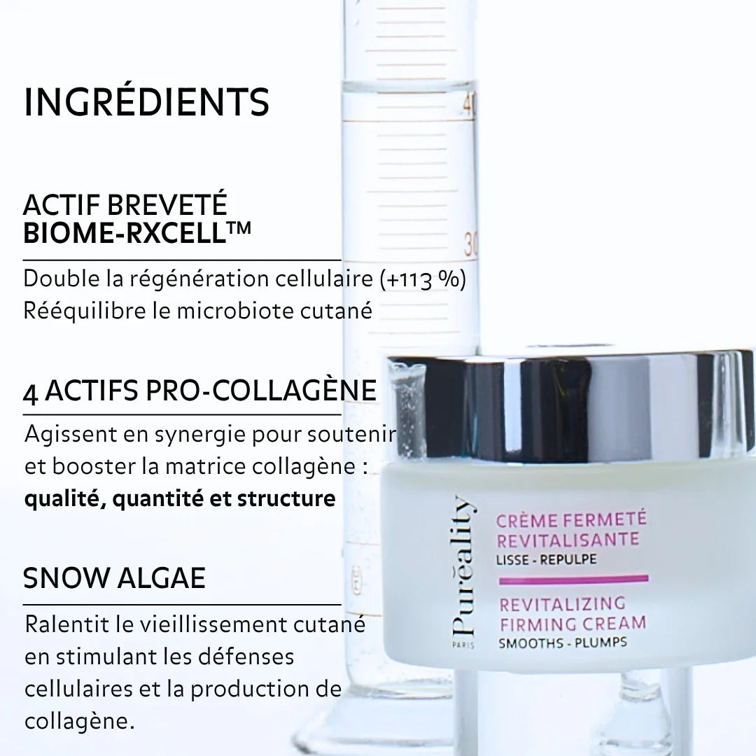 Crème Fermeté Revitalisante Puréality avec BIOME-RXCELL, actifs pro-collagène et Snow Algae.