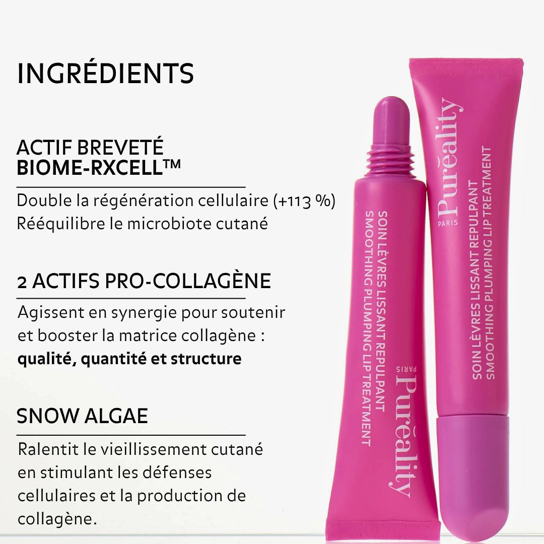 Actifs du Soin Lèvres Lissant Repulpant Pureality : Biome-RxCell, deux actifs pro-collagène et snow algae pour soutenir la régénération et le collagène.