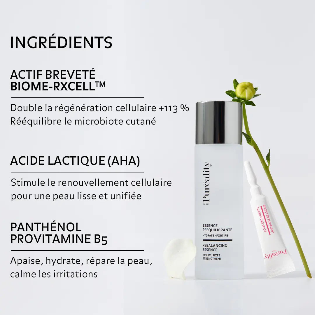 Flacon d’essence et tube booster avec fleur. Texte indiquant : BIOME-RXCELL™ (régénération cellulaire, microbiote), acide lactique AHA (stimule le renouvellement cellulaire pour une peau lisse), et panthénol provitamine B5 (apaise, hydrate, répare).