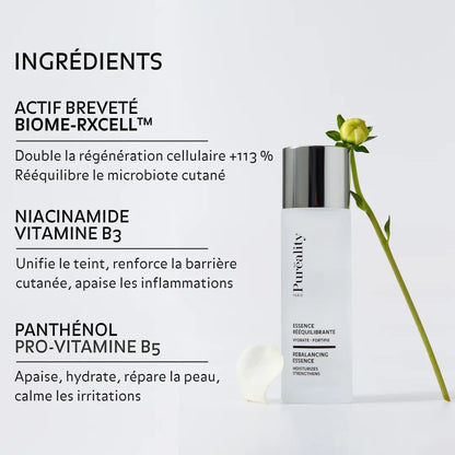 Flacon d’essence avec fleur. Texte listant : BIOME-RXCELL™, niacinamide (vitamine B3) pour unifier et apaiser, et panthénol (provitamine B5) pour hydrater et calmer les irritations.