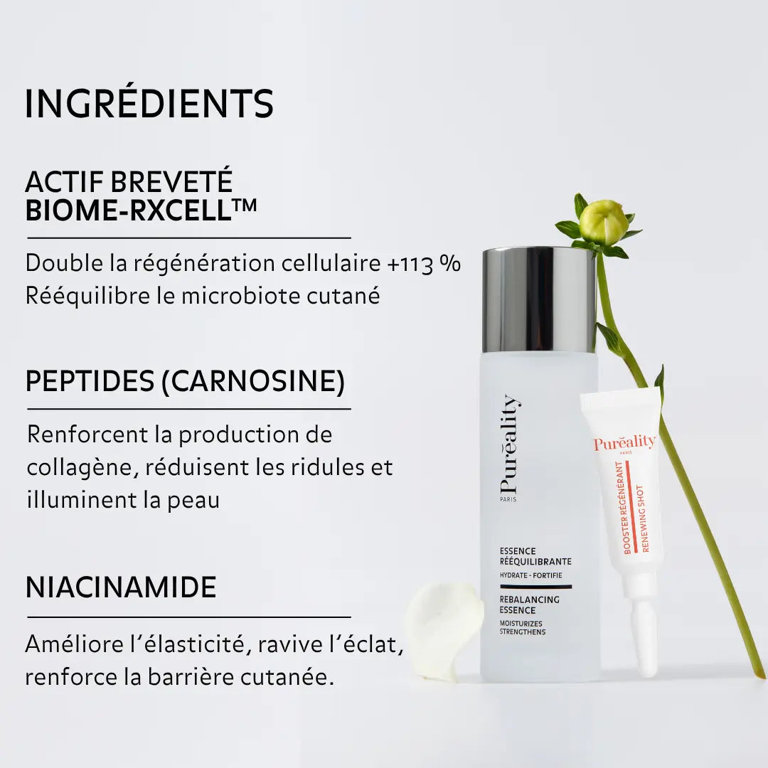 Flacon d’essence avec booster à côté. Texte indiquant : BIOME-RXCELL™, peptides (carnosine) pour stimuler le collagène et réduire les ridules, et niacinamide pour améliorer l’élasticité et l’éclat.