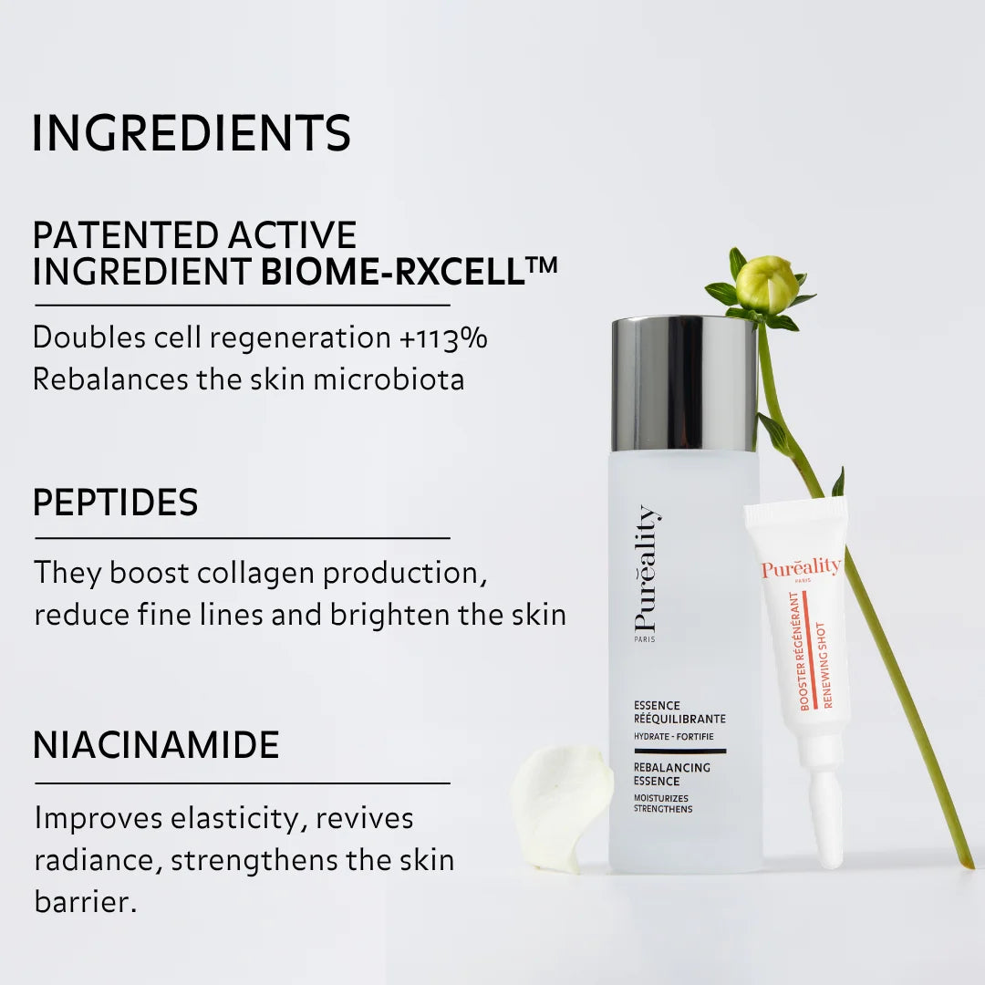 Promotional image of a Puréality rebalancing essence bottle with a booster tube and flower. Text highlights ingredients: patented BIOME-RXCELL™ (boosts cell regeneration and rebalances skin microbiota), peptides (support collagen production, reduce fine lines, and enhance radiance), and niacinamide (improves elasticity, brightens skin, and strengthens the skin barrier).