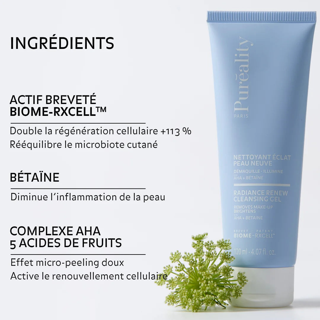 Image promotionnelle d’un tube bleu de gel nettoyant avec une plante. Texte indiquant : actif breveté BIOME-RXCELL™ (booste la régénération cellulaire et rééquilibre le microbiote), bétaïne (réduit l’inflammation de la peau), et complexe AHA aux acides de fruits (effet micro-peeling doux, active le renouvellement cellulaire).