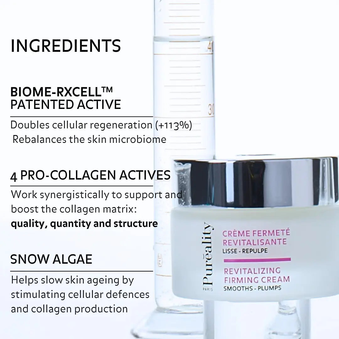 Puréality Revitalising Firming Cream with BIOME-RXCELL, pro-collagen actives and Snow Algae.