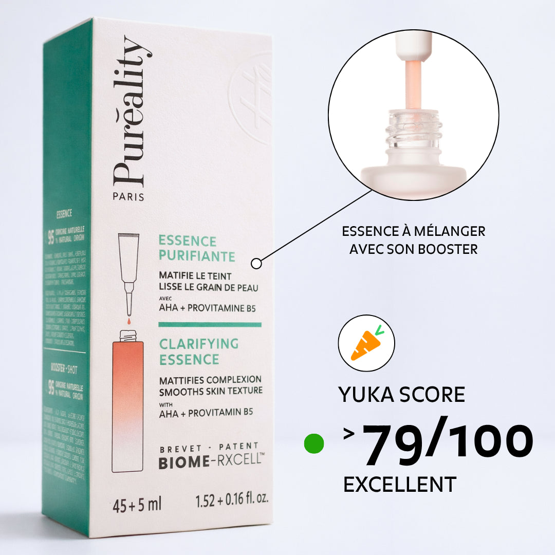 Essence purifiante Puréality à mélanger avec booster, formule aux AHA et provitamine B5, score Yuka 79/100 excellent