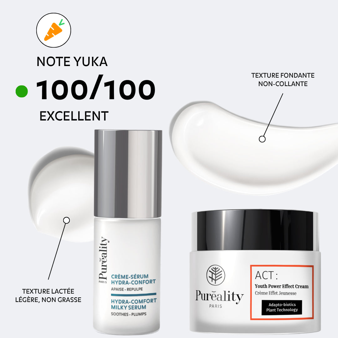 Soins visage Pureality notés 100 sur 100 sur Yuka avec formule naturelle texture légère non grasse non collante et haute tolérance dermatologique