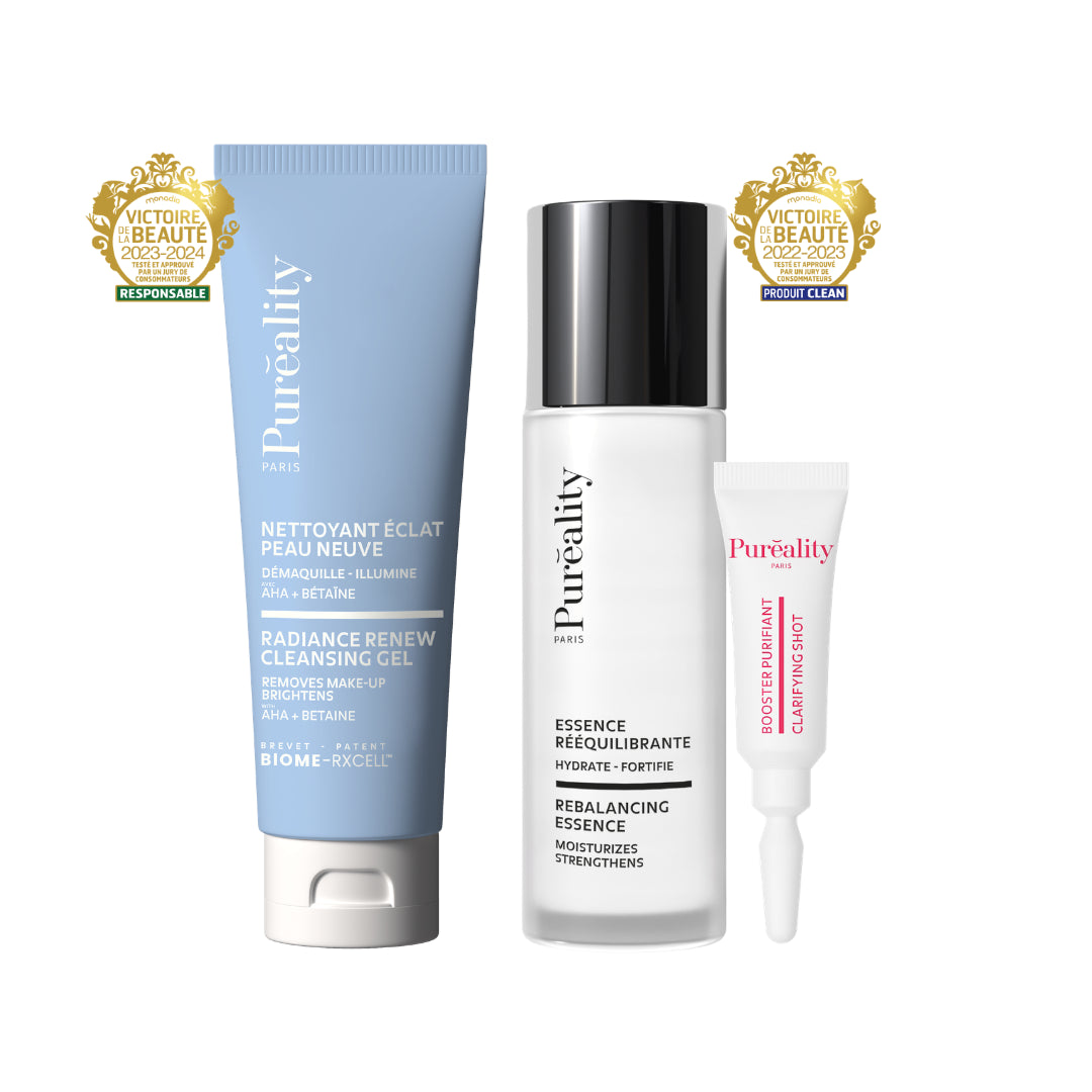 Pack soins Puréality comprenant gel nettoyant éclat, essence rééquilibrante et booster purifiant clarifying shot