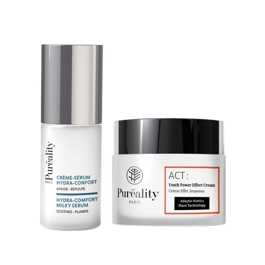 Pack duo Pureality comprenant crème sérum hydratant et crème éclat régénérante soins visage anti-âge pour hydrater repulper et illuminer la peau