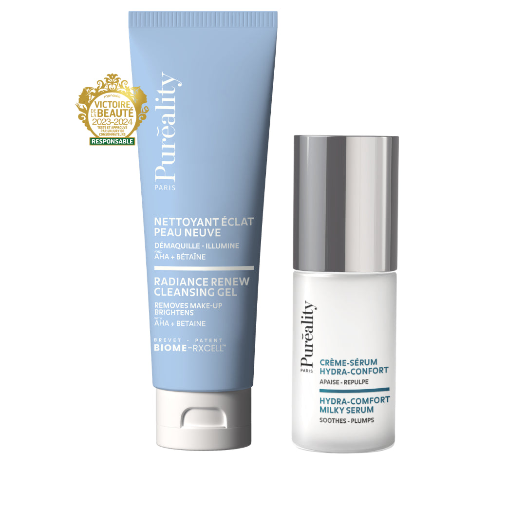 Duo soins Puréality avec nettoyant éclat peau neuve et crème-sérum hydra-confort pour peau sensible