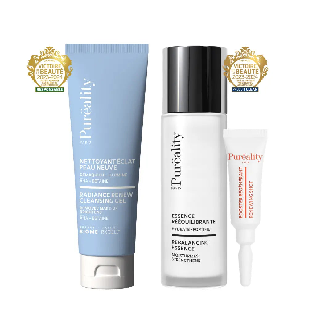 Coffret soins visage Puréality Paris avec nettoyant éclat, essence rééquilibrante et booster régénérant pour une peau hydratée et lumineuse