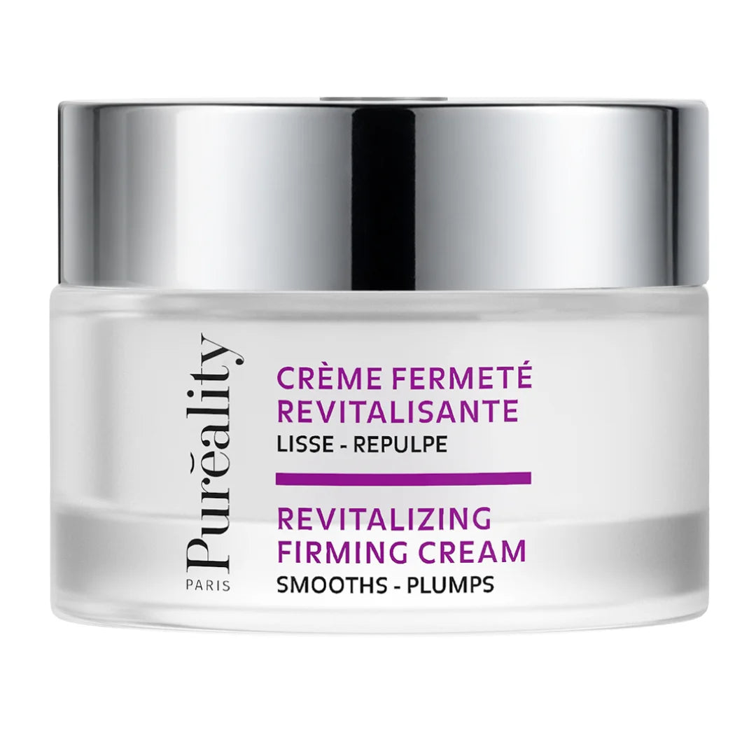 Pot de Crème Fermeté Revitalisante Puréality Paris, soin lissant et repulpant, sur fond blanc.