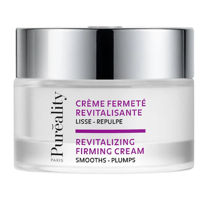 Pot de Crème Fermeté Revitalisante Puréality Paris, soin lissant et repulpant, sur fond blanc.