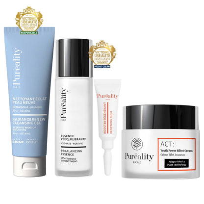 Radiance skincare set with cleansing gel renewing essence booster and renewing radiance cream for complete facial routine targeting hydration glow anti aging and skin renewal