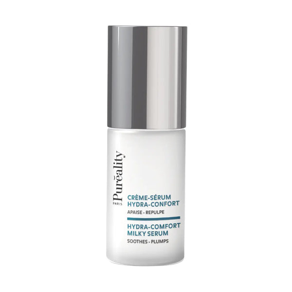 Flacon de crème-sérum Hydra-Confort sur fond clair, avec mention « soothes – plumps », mettant en avant un soin hydratant et apaisant pour la peau.
