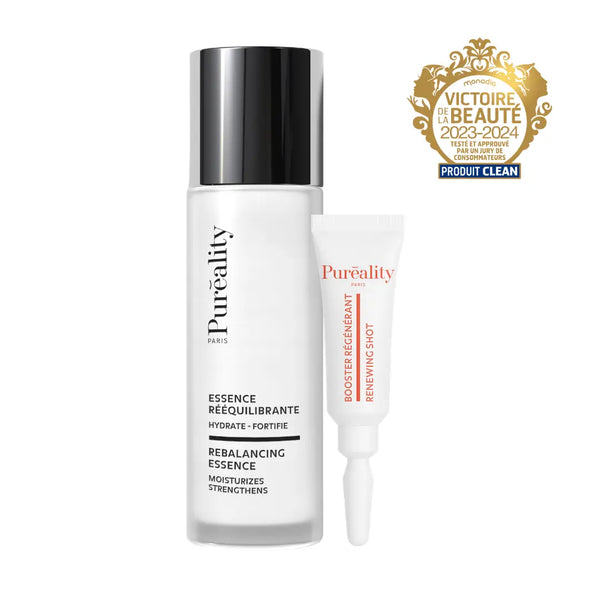 Packshot of Puréality skincare products: a Rebalancing Essence bottle labeled “moisturizes, strengthens” alongside a booster “Renewing Shot” tube. A “Victoire de la Beauté 2023–2024 – Produit Clean” award badge appears in the top right corner.