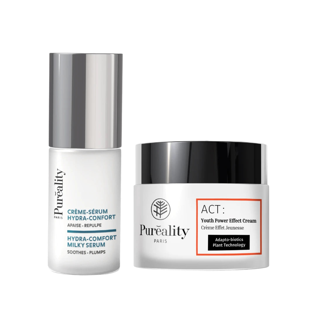 Pack duo Pureality comprenant crème sérum hydratant et crème éclat régénérante soins visage anti-âge pour hydrater repulper et illuminer la peau