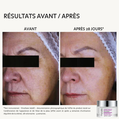 Résultats avant et après 28 jours d’utilisation de la Crème Fermeté Revitalisante Puréality sur le visage.