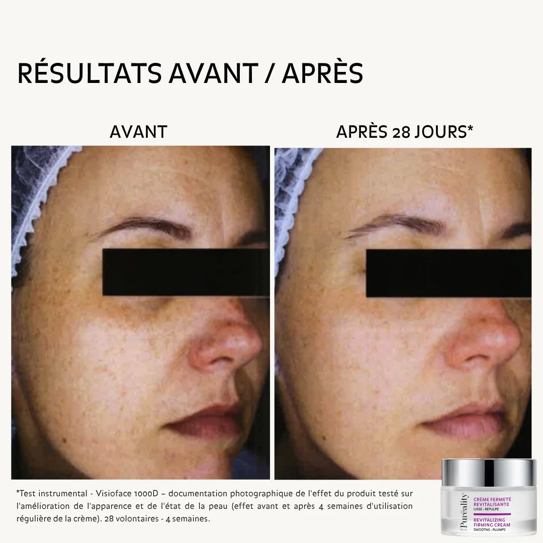 Comparaison du visage avant et après 28 jours d’utilisation de la Crème Fermeté Revitalisante Puréality.