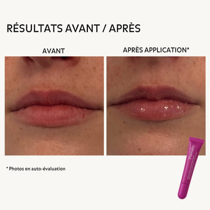 Avant-après des lèvres montrant un aspect plus lisse, brillant et repulpé après application du Soin Lèvres Lissant Repulpant Pureality.