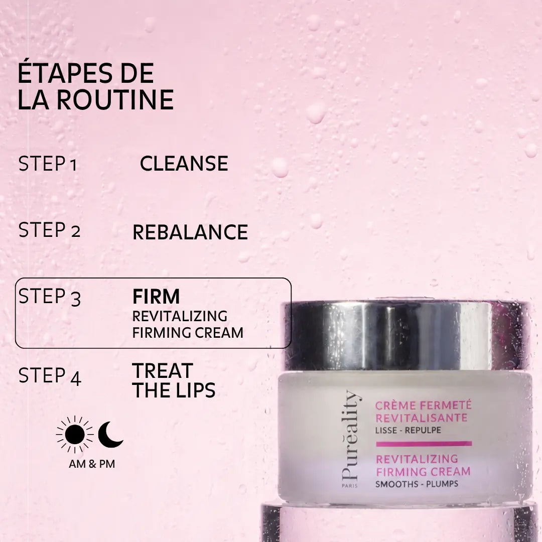 Four-step skincare routine featuring Puréality Revitalising Firming Cream for morning and evening use.