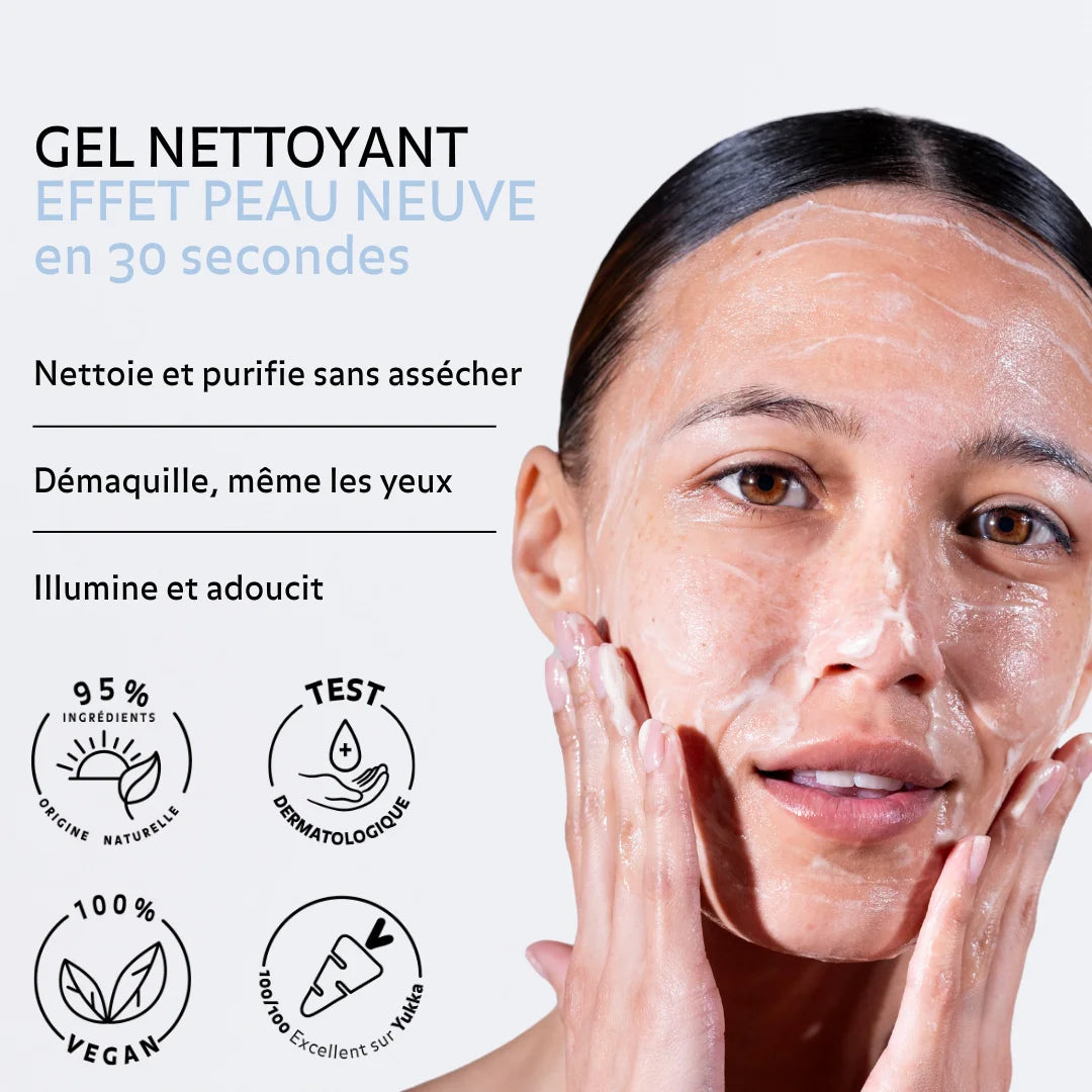 Bénéfices du Gel Nettoyant Effet Peau Neuve en 30 secondes. Nettoie et purifie sans assécher, démaquille, même les yeus, illumine et adoucit.